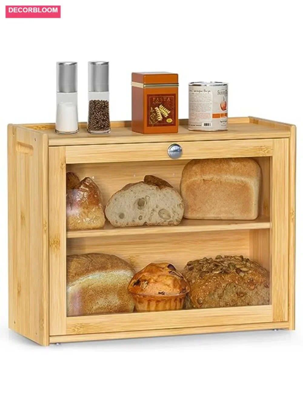 Double-Layer Bamboo Bread Box with Transparent Door